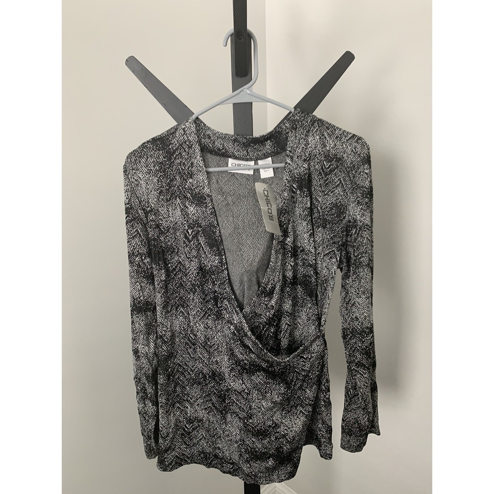 New Chico's Travelers Black & White Jacquard Tudor Wrap L/S Size 3 NWT (F10)